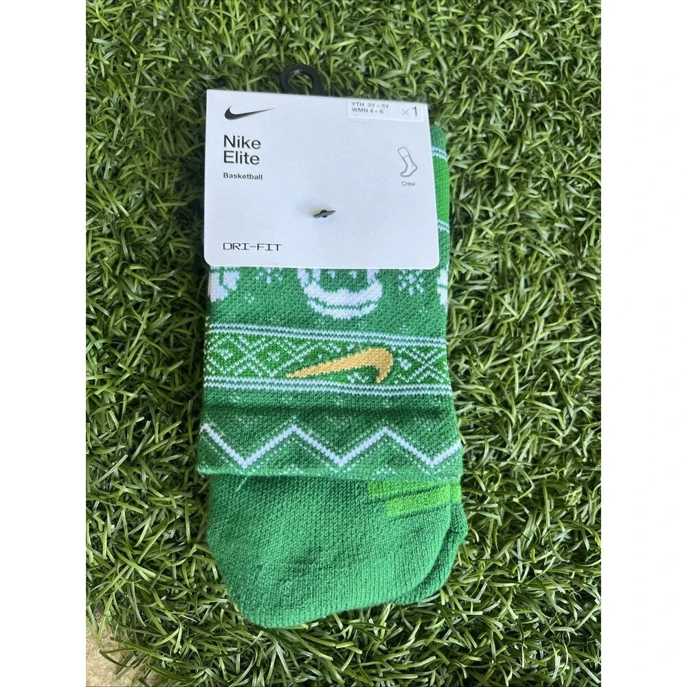 Nike Elite Womens Christmas Crew Socks Small 4-6 Green Basketball Youth 3y-5Y